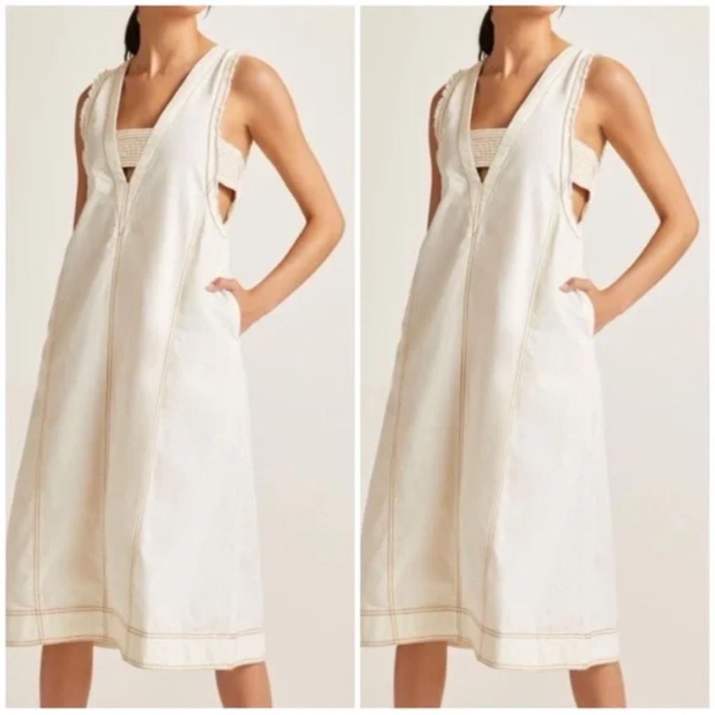Anthropologie Pilcro Dress Cream 100% Cotton Denim Deep V Boho Country Dress S